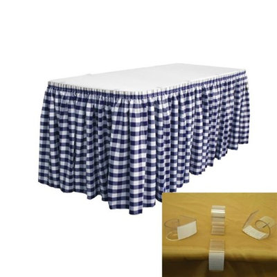 LA Linen SKTcheck30x29-15Lclips-NavyK72 Oversized Checkered Table Skirt with 15 L-Clips White & Navy - 30 ft. x 29 in.