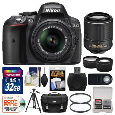 Nikon D5300 Digital SLR Camera & 18-55mm VR DX II AF-S Lens (Black) - Factory Refurbished with 55-200mm VR Zoom Lens + 32GB Card + Case + Tripod + Tele/Wide Lens Kit