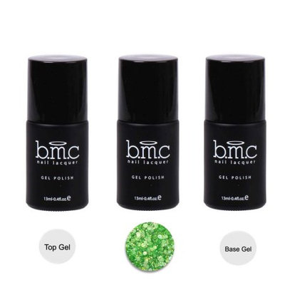 BMC 3pc Green Color Gel Nail Glitter Lacquer w/ Top Base Coat - Woodland Fantasy