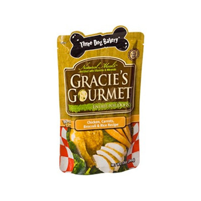Three Dog Bakery Gracie's Gourmet Entr;e for Dogs Chicken, Carrots, Broccoli & Rice Recipe 12oz.
