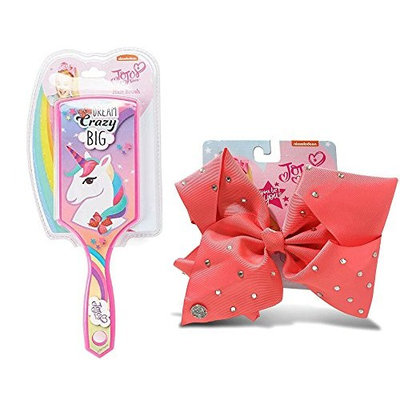 JoJo Girls Siwa Signature Collection Unicorn Paddle Hair Brush & Coral w/Rhinestone Large Hair Bow
