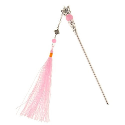 Jili Online Ethnic Handmade Butterfly Design Hair Stick Hairpin Chignon Vintage Beads Pin with Tassel - Pink