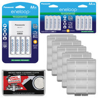 Panasonic eneloop (4) AA 2000mAh Pre-Charged NiMH Rechargeable Batteries & Charger + (16) Extra AA Batteries + (5) Battery Cases + Kit