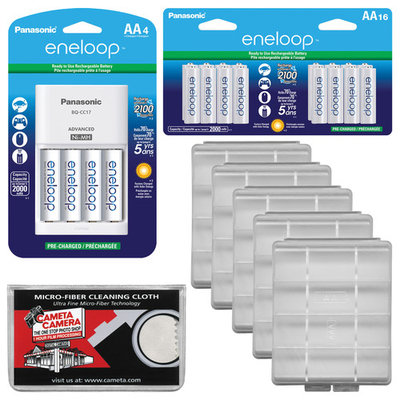 Panasonic eneloop (4) AA 2000mAh Pre-Charged NiMH Rechargeable Batteries & Charger + (16) Extra AA Batteries + (5) Battery Cases + Kit