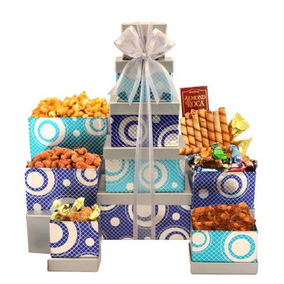 Broadway Basketeers Gourmet Celebration Gift Tower with Gourmet Popcorn, Cookies & Assorted Sweets