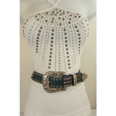 Women Brown Red Blue Genuine Leather Western Fashion Belt Crystals 31-35 M