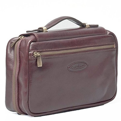 Maxwell-Scott® Premium Handmade Italian Full Grain Leather Zipped Wash Bag for Travel Accessories (The Cascina) - Dark Brown