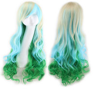 Image Long Curly Wavy Hair Wigs w/ Hair Wig + Wig Cap + Comb+ Rubber Band Green&White&Blue