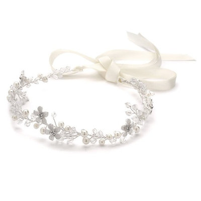 Crystal Bridal or Wedding Headband with Silver Flowers, Ivory Pearls and Satin Ribbon