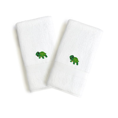 Linum Home Sweet Kids 2-piece White Turkish Cotton Hand Towels with Embroidered Green Turtle (Set of 2)