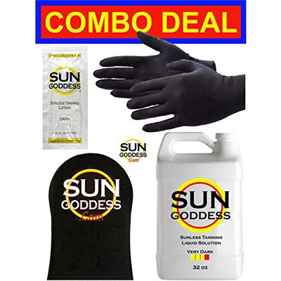 Sun Goddess - VERY DARK - 32 oz - Spray Tan Solution - BEST COMBO DEAL: Sunless Self Spray Tan liquid Solution + Best Sunless Self Spray Tanning Mitt & Gloves & Best Sunless Self Tanning Lotion Tanner