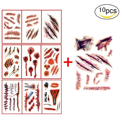 10pcs Horror Realistic Fake Bloody Wound Stitch Scar Scab Waterproof Temporary Tattoo Sticker Halloween Masquerade Prank Makeup Props (10)