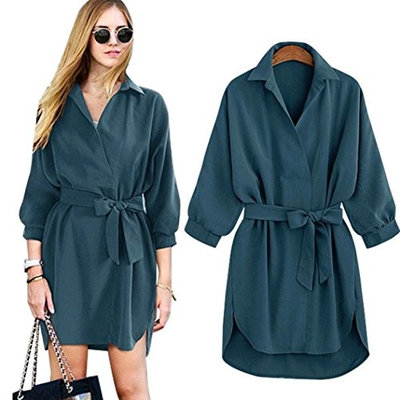 Kstare Women's Elegant Casual Lapel Irregular Solid Long Sleeve Bodycon Party Dresses (M, Navy)