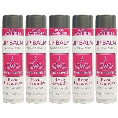 PURE + SIMPLE Rose Lavender Lip Balm Collection, Vegan, Set of 5 Tubes, Avocado Butter, Jojoba Oil, Vitamin E Complex Healing Treatment
