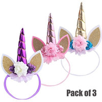Aukmla Unicorn Horn Headband with Flower for Cosplay Costume (Pack of 3)