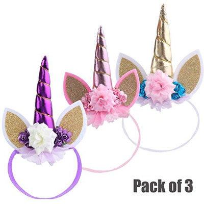 Aukmla Unicorn Horn Headband with Flower for Cosplay Costume (Pack of 3)