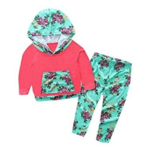 Orangeskycn Infant Kids Baby Boys Girls Clothes Hooded Floral Tops Outfits Set (24-Months, Red)
