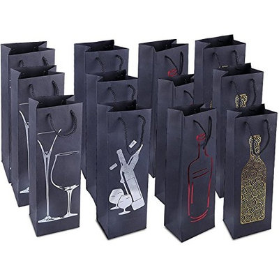 Wine Gift Bags- Single Bottle Wine Alcohol Liquor Spirits Bag - 4 Foiled Embellished Designs- 12 Piece Set - 4.7 x 3.7 x 15.5 Inches