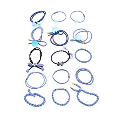 15 pcs Fancyin Assorted Colorful Popular Pony-hair Holders Hair Ties Elastic Hair-Bands for women (Blue)