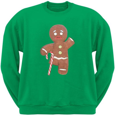 Ginger Bread Man With Candy Cane Crutch Green Crew Neck Sweatshirt