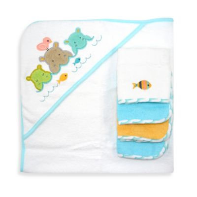 Just Born Just Bath Love to Bathe Knit 5-Piece Hooded Towel and Washcloth Set, Hippo