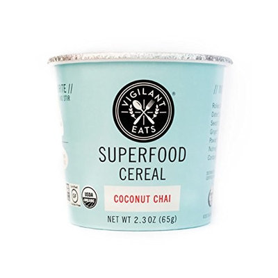 Vigilant Eats Superfood Cereal, Pack of 6, Organic, Gluten Free, Vegan, Non GMO, Kosher, 2.3 oz Travel Cup (Coconut Chai)