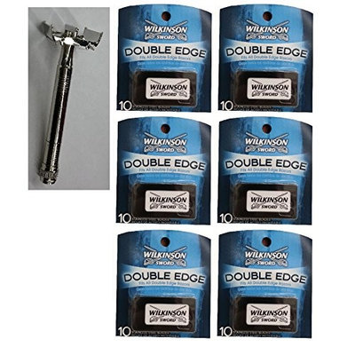 Double Edge Safety Razor + Wilkinson Sword Double Edge Razor Blades, 10 ct. (Pack of 6) + FREE Scunci Black Roller Pins, 18 Pcs