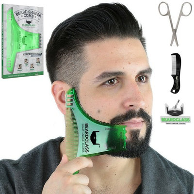 BEARDCLASS Beard Shaping Tool - 8 in 1 Comb Multi-liner Beard Shaper Template Comb Kit Transparent - Bonus Items Included - Works with any Beard Razor Electric Trimmers or Clippers (Green)