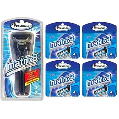 Personna Matrix3 Advanced Triple Blade Razor Handle + Matrix3 Titanium Triple Blade Refill Cartridge Blades, 4 Ct. (Pack of 4) + FREE Schick Slim Twin ST for Dry Skin