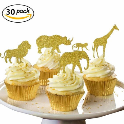 24 Counts Gold Glitter Jungle Safari Animal Cupcake toppers Elephant Giraffe Lion Tiger for Baby Shower Birthday Party Decorations