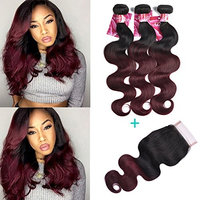 XCCOCO Hair Black to Wine Red Ombre Two Tone Body Wave Hair 3 Bundles with 4”X4” Lace Frontal Brazilian Body Wave Virgin Lace Closure and Hair Bundles (T1B/99J,14