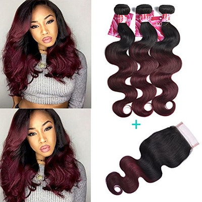XCCOCO Hair Black to Wine Red Ombre Two Tone Body Wave Hair 3 Bundles with 4”X4” Lace Frontal Brazilian Body Wave Virgin Lace Closure and Hair Bundles (T1B/99J,14
