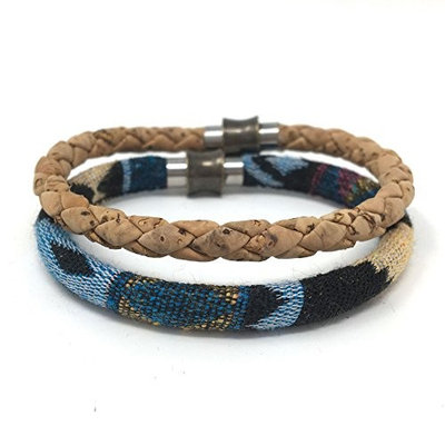 Set of 2 Native Blue Fabric and Natural Cork Aromatherapy Diffuser Bracelets with Magnetic Clasp by Simply Cork