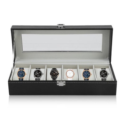 Fashion 6 Grid Casket Watch Winder Boxes PU Leather Storage Watch Case