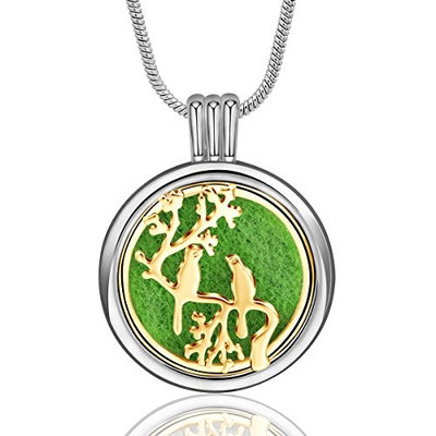 INFUSEU Love Birds Aromatherapy Essential Oil Diffuser Necklace Two-Tone Locket Pendant & 12PCS Refill Pads & 24