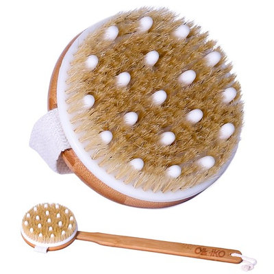 100% Natural Body Brush for Dry Brushing by Ozziko (Long/With Handle)