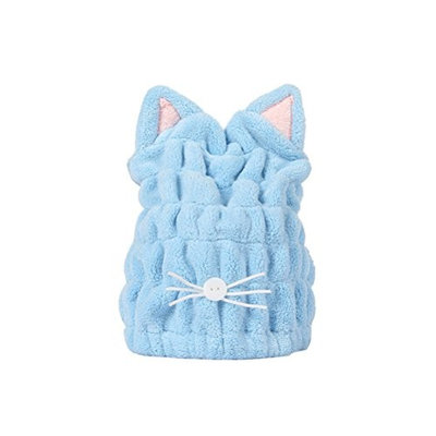 Frcolor Hair Drying Towels, Cat Ear Water Absorption Fast Drying Thicken Hair Cap (Blue)