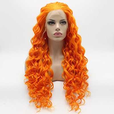 Lushy Kinky Curly Long Orange Wig Heavy Density Half Hand Tied Heat Resistant Synthetic Lace Front Wig