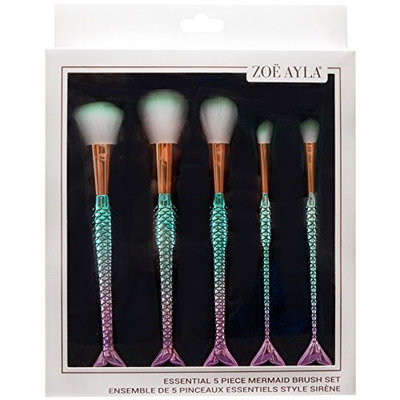 Makeup Brush Set - Zoë Ayla - Essential Mermaid Style 5 Piece Brush Set - Ergonomically Designed - Cruelty Free Synthetic Hair - Provide a Flawless Application - Antibacterial Hypoallergenic Bristles