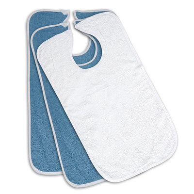 3-Pack - Blue or White Option - 100% Cotton Reusable Terry Adult Bib - Patient Bib (2 Blue & 1 White)