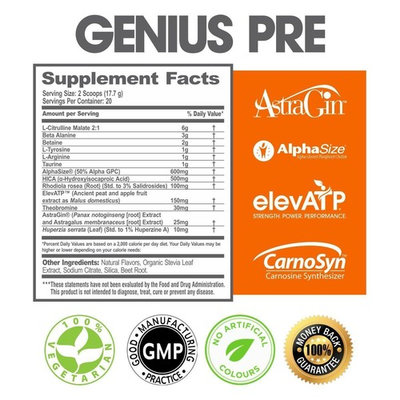 Genius Pre Workout – All Natural Nootropic Preworkout Powder & Caffeine-Free Nitric Oxide Booster with Beta Alanine and Alpha GPC - Focus, Energy and Muscle Building Supplement, Grape Limeade, 338G