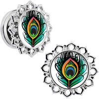 Body Candy Steel Green Orange Peacock Feather Flower Frame Screw Fit Plug Set of 2 1/2