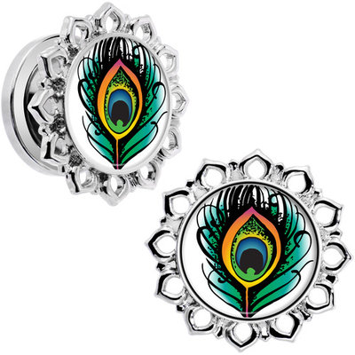Body Candy Steel Green Orange Peacock Feather Flower Frame Screw Fit Plug Set of 2 1/2