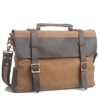 High Quality Mens Womens Canvas Leather Work Travel School Uni College Briefcase Satchel Messenger Shoulder Bag Fits A4 Paper / 15 inch Laptop