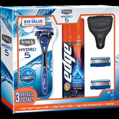 Schick Hydro 5 Men's Razor, Razor Blade Refill and Edge Shave Gel Gift Set - 1 Schick Hydro 5 Men's Razor, 3 Schick Hydro 5 Men's Razor Blade Refills and 1 Edge Men's Shave Gel Sensitive Skin 7oz