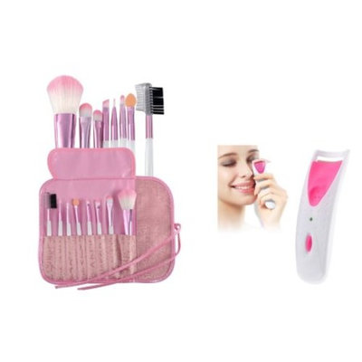 Zodaca Pro 8 pcs Makeup Brushes Set Powder Foundation Eye shadow Eyeliner Blush Lip Cosmetic Professional DIY Tools (8 Count)+ Pink Electric Eyelash Curler Makeup Clip Kit (2-in-1 Accessory Bundle)