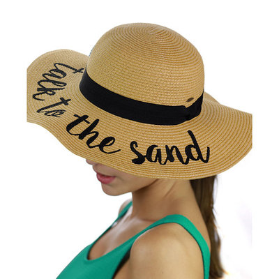C.C Women's Paper Weaved Crushable Beach Embroidered Quote Floppy Brim Sun Hat, Talk to the Sand