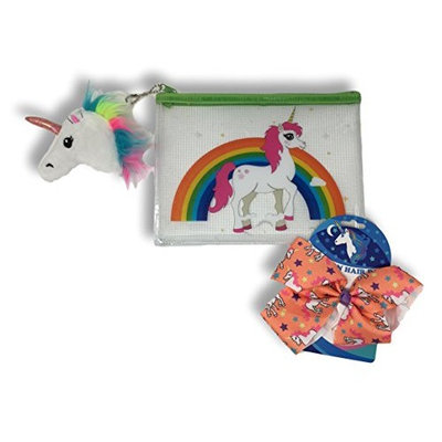 Girls Unicorn/Rainbow Beauty Bag with Plush Unicorn Head Bag Clip & Unicorn Hair Bow
