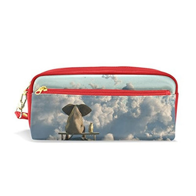 Vantaso Pencil Bag Elephant and Dog Sit On Mountain Top PU Leather Cosmetic Bag Travel Makeup Pouch for Women Children Students
