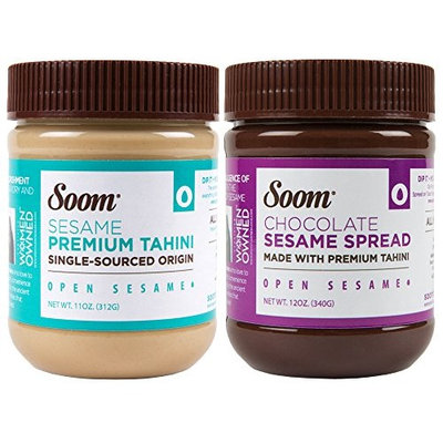Soom Foods Pure Ground Sesame Tahini Paste Two Flavor Sampler: (1) Sesame Tahini 11oz and (1) Chocolate Sesame Tahini Spread 12oz